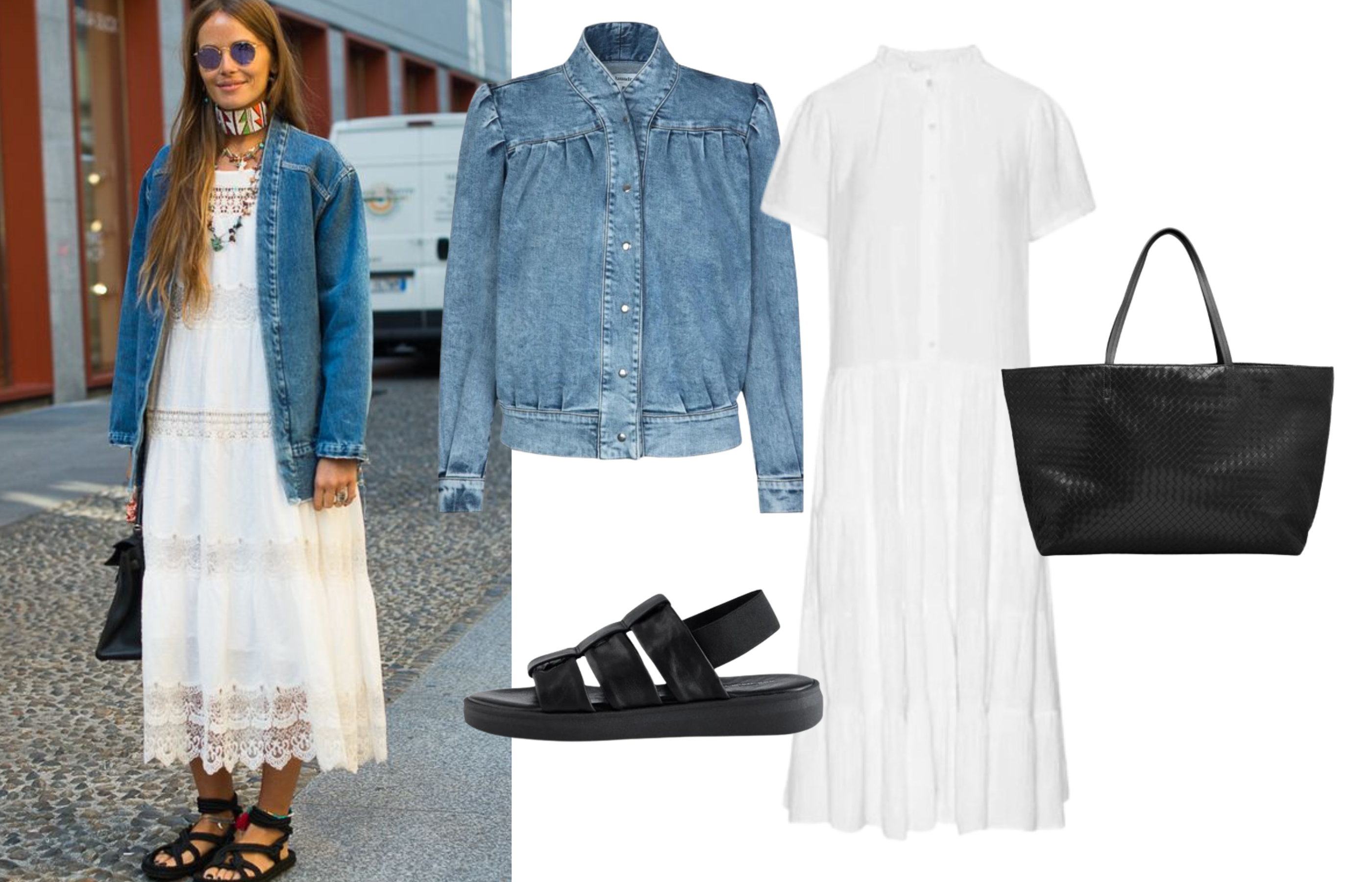 Light wash denim jacket paired with a floaty white dress, sandals and a tote bag