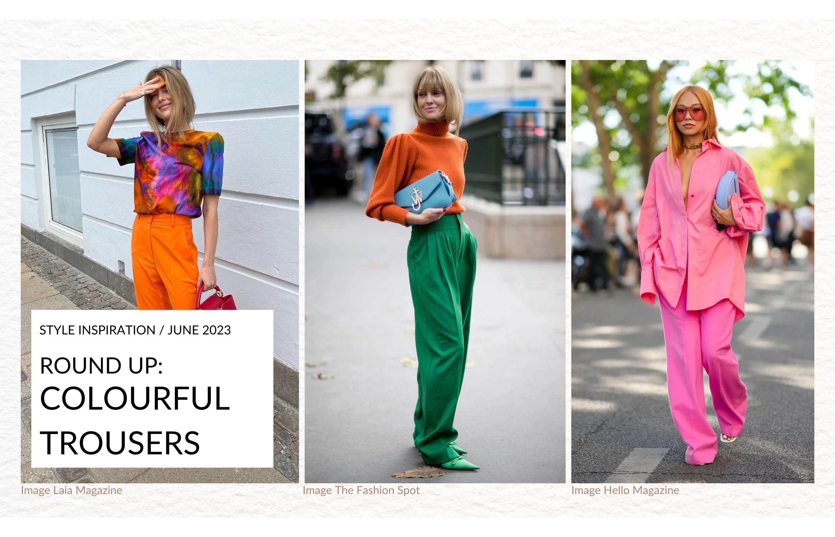 Imgaes of three women wearing colourful trousers with text reading 'our round up of the best colourful trousers'