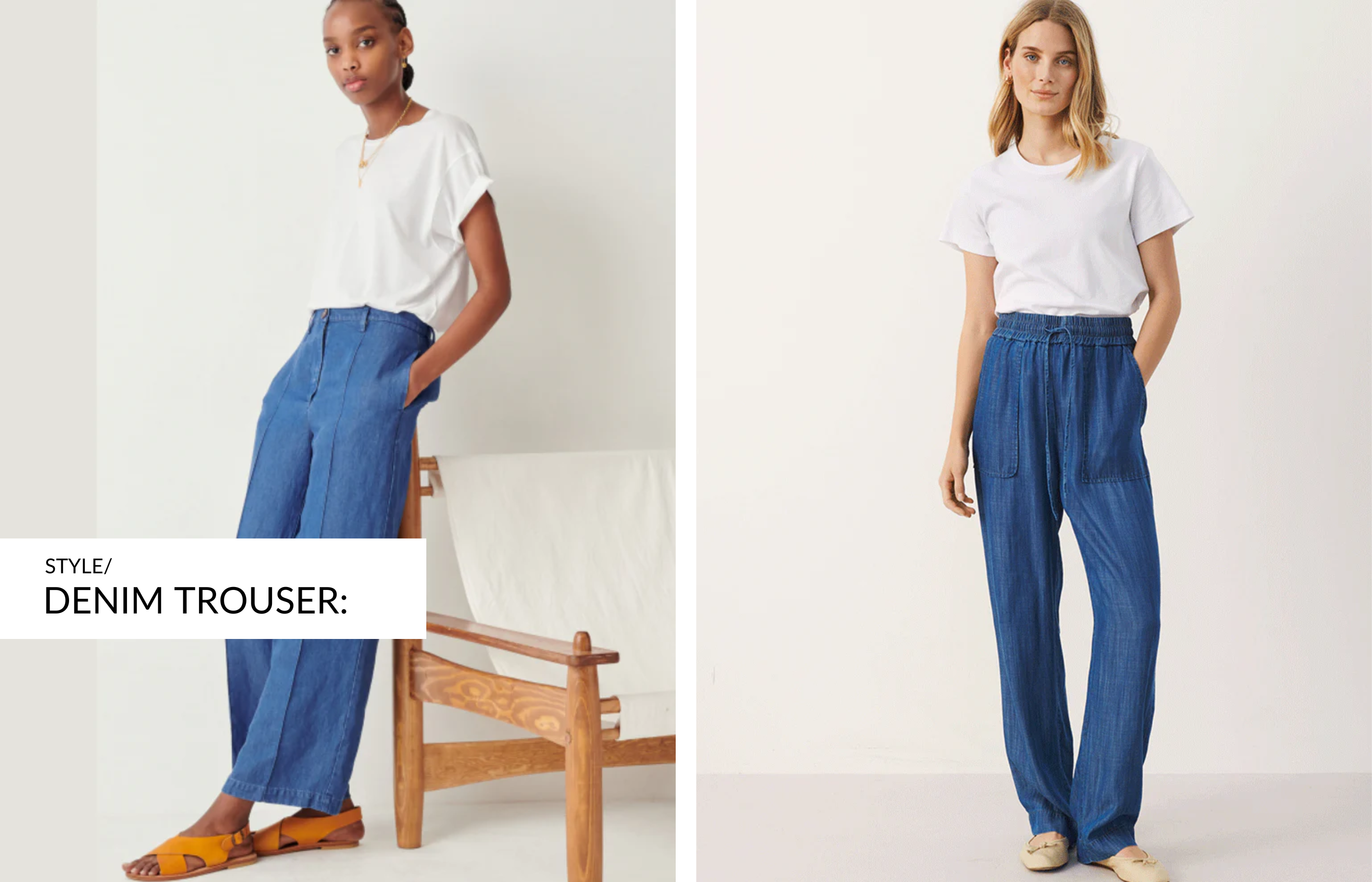 Two Images of Models wearing denim trousers with text box reading 'denim trousers'