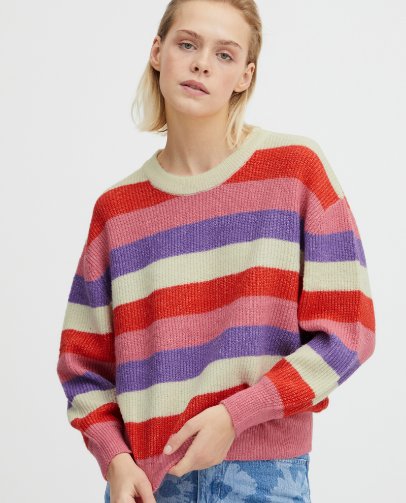 Ichi Dusty Multi Stripe Sleeve Knit - Biscuit Clothing Ltd