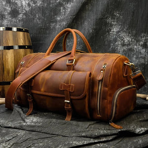 Vintage Voyager Leather Duffle - 20 Inch Travel Bag with Shoe Pocket - VeridexMarket