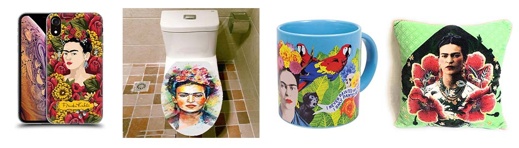 Un gruppo di prodotti con il volto di Frida Kahlo stampato
