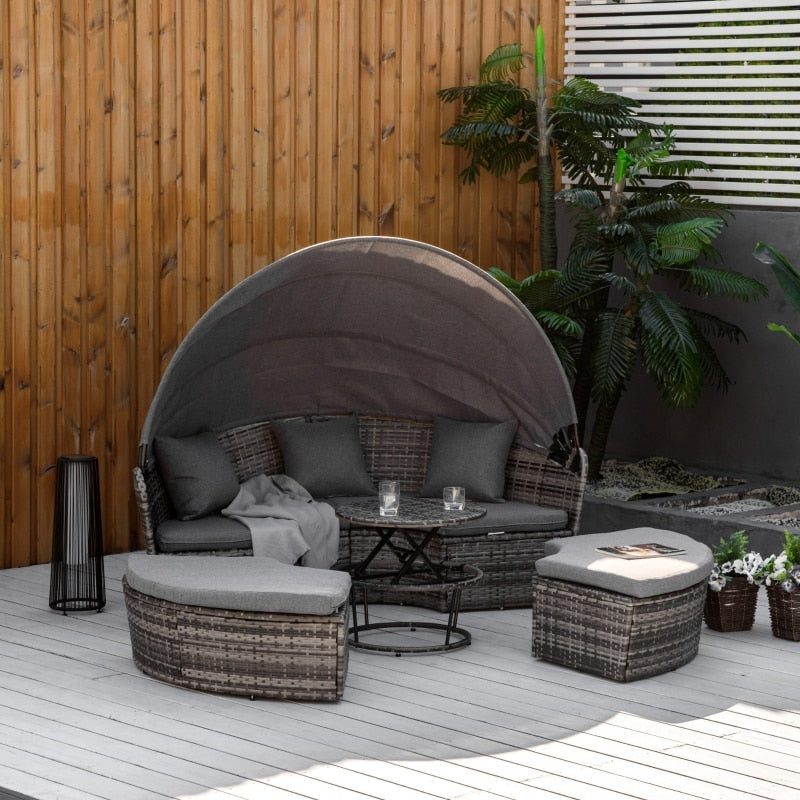 4 Pieces Patio PE Wicker Lounge Set,Round Sofa Bed with Cannopy, Cushioned, Adjustable Coffee Table, Grey