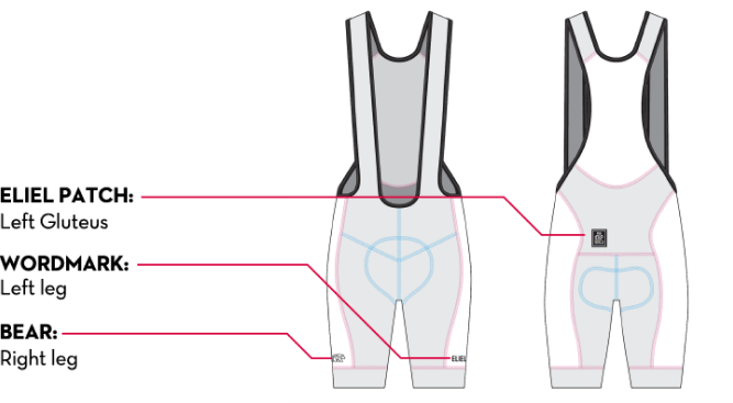 bib shorts logo placement eliel patch on left gluteus wordmark on left leg bear on right leg
