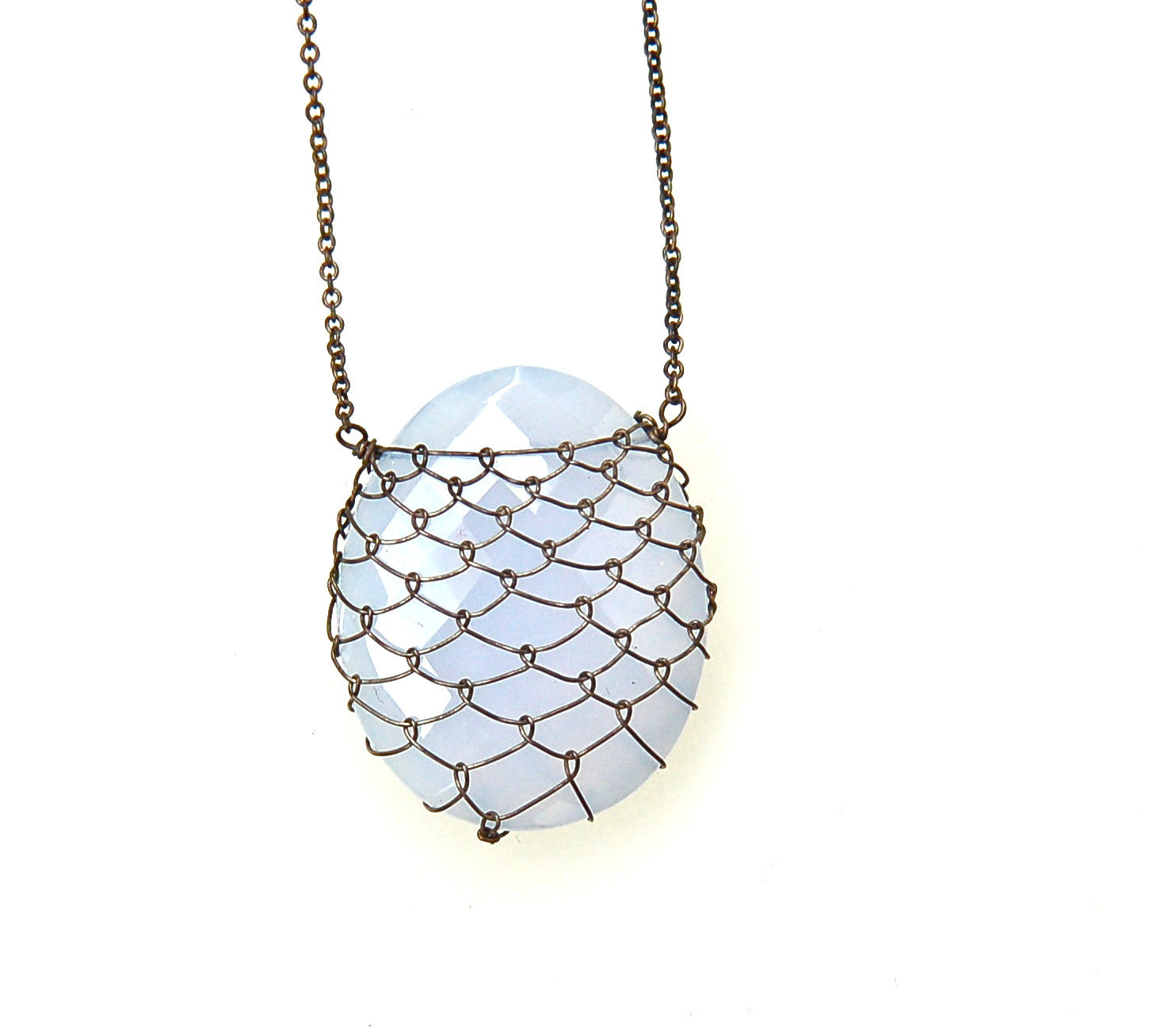 Blue Chalcedony/Oxidized Silver fishnet Slice Necklace