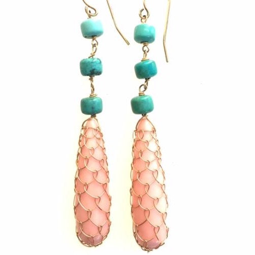Fishnet Pink Coral & Turquoise Drop Earrings