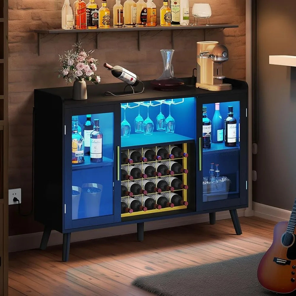 Wine Rack Wine Bar Cabinet With Led Lights & Power Outlets 53"