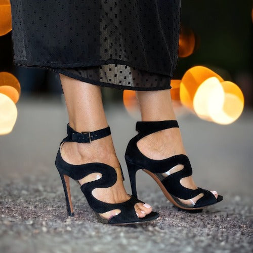 ALAIA Black Suede And PVC Wave Cut Out Sandals, Size 37.5