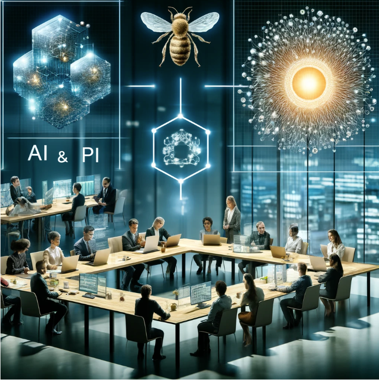 The artwork illustrating an organization systematically harnessing the power of swarm intelligence.