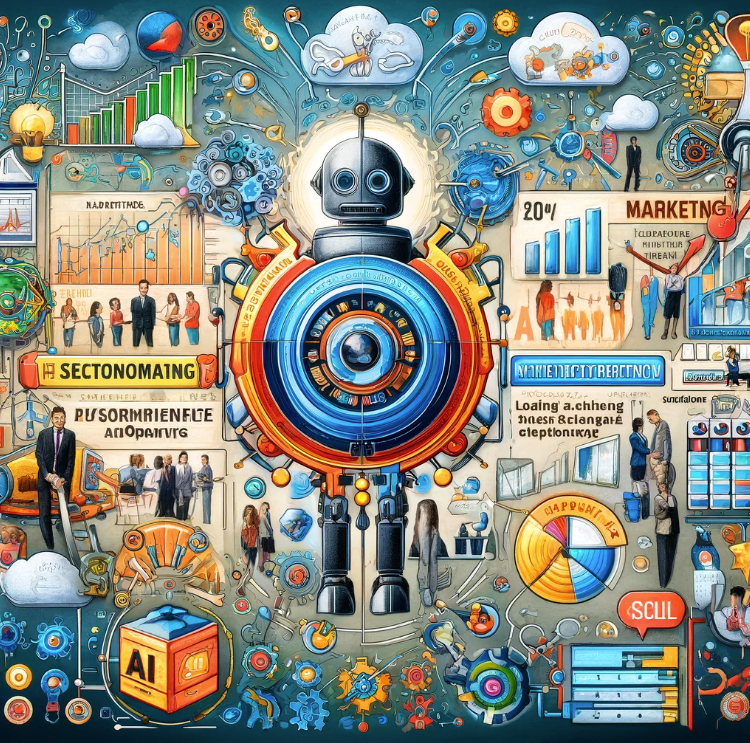 The artwork representing the impact of AI in marketing and sales is showcasing the transition from automation of tasks to strategic activities, including AI-driven personalization and operational efficiency in sales.