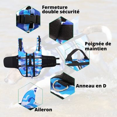 gilet-de-sauvetage-chien-bariolé-caractéristique