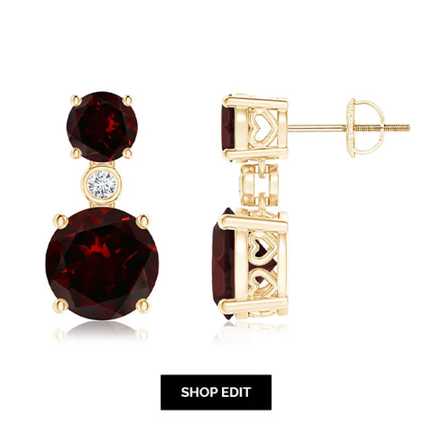 Classic Garnet Two Stone Drop Earrings with Bezel Diamond