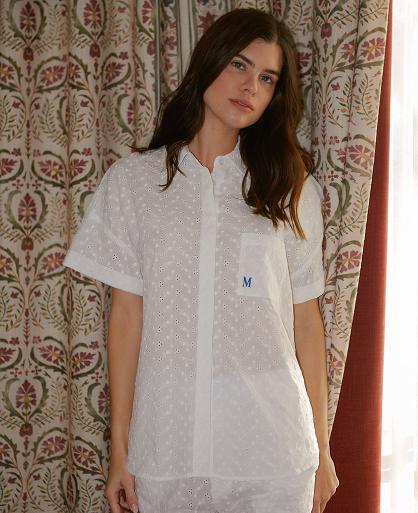 Embroidered Blanca Cotton Pajama Short-Sleeved Shirt