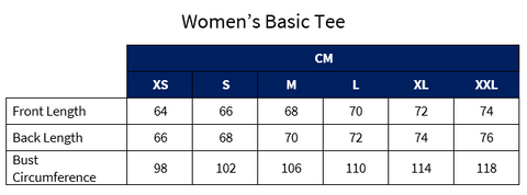 Size Chart for Women's Basic T-shirt