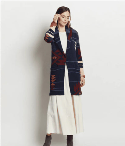 Native American designs inspired the Women’s Graphic Sweater Coat from Pendleton.