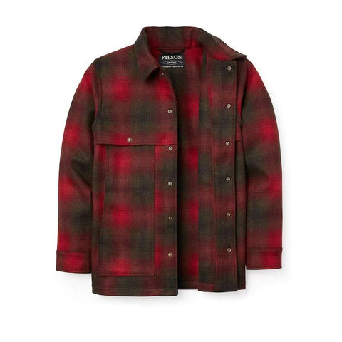 The Filson Mackinaw Wool Cape Coat is made with 100% virgin wool. Shown in red.