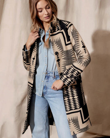 The Pendleton Women's Timberline Jacquard Coat is made of blanket-weight jacquard fabric.