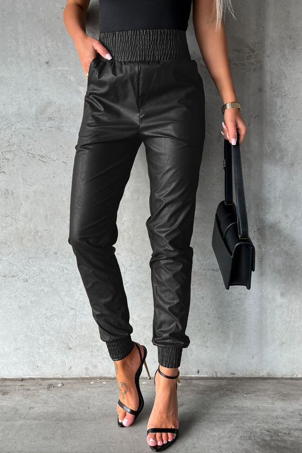 Ilana Smocked High-Waist Leather Skinny Pants