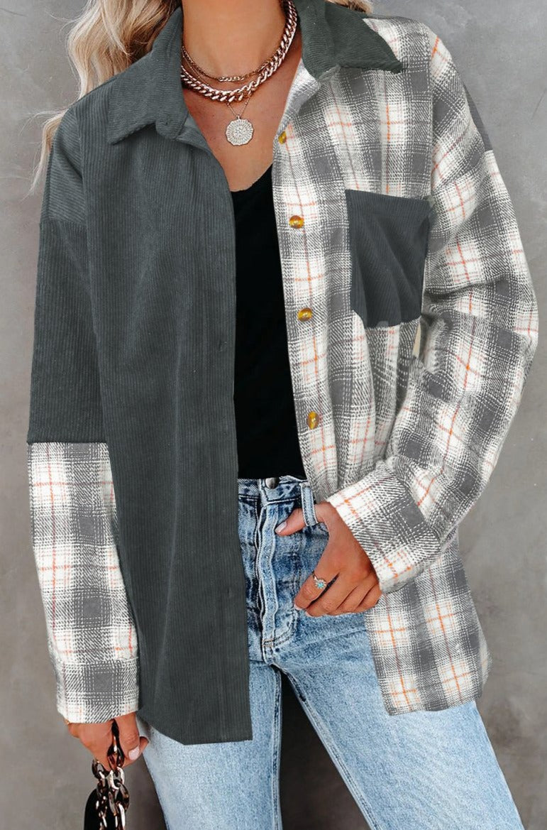Cassie Plaid Color Block Button-up Oversize Corduroy Skjorte