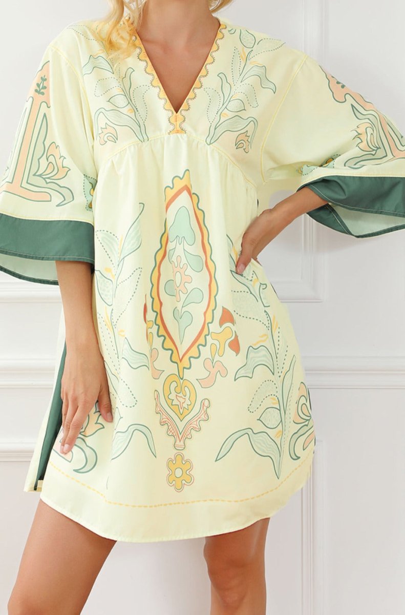 Billede af Eloisa Boho Print V Neck Empire Waist Short Kimono Kjole