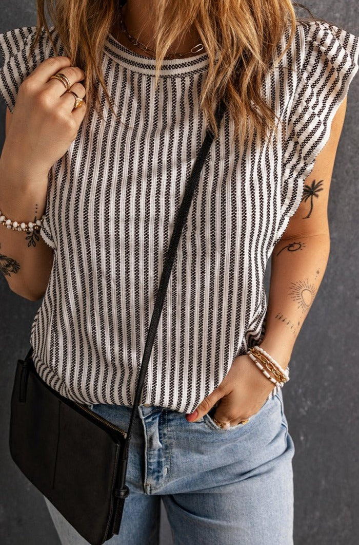 Francine Crew Neck Ruffled Striped Tanktop