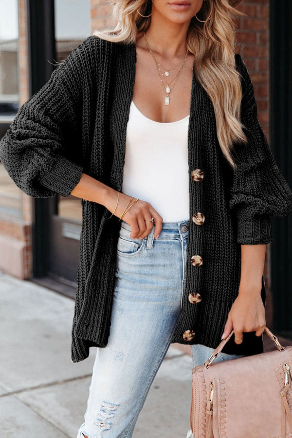 Black Pointelle Knit Button V Neck Drop Shoulder Sweater