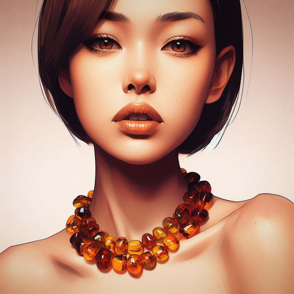 Asian woman is Baltic amber necklace - cognac beads