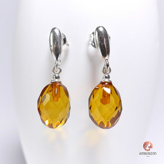 Baltic amber earrings - Faceted Oval beads - Studs