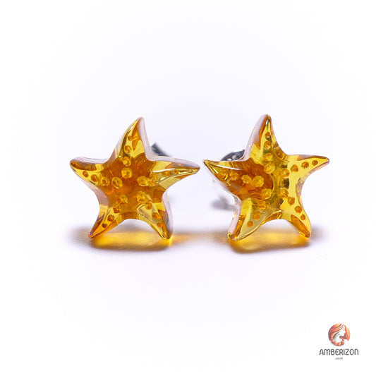 Carved Baltic amber Star earrings - Starfish gemstone studs