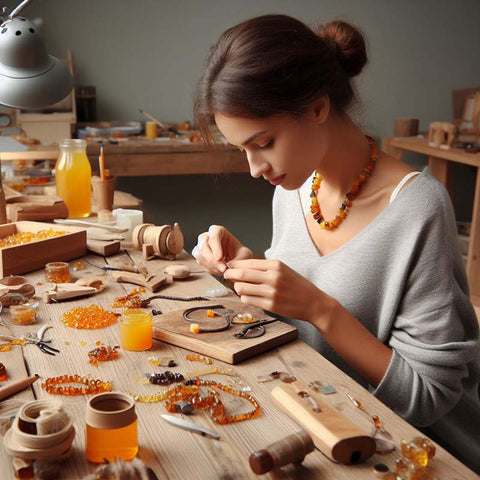 Cute girl in amber workshop - Crafting Baltic amber bracelet