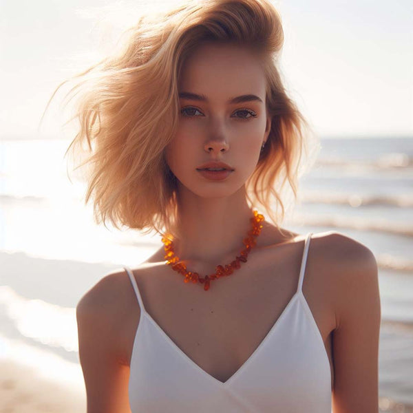 Lithuanian girl wearing real Baltic amber necklace