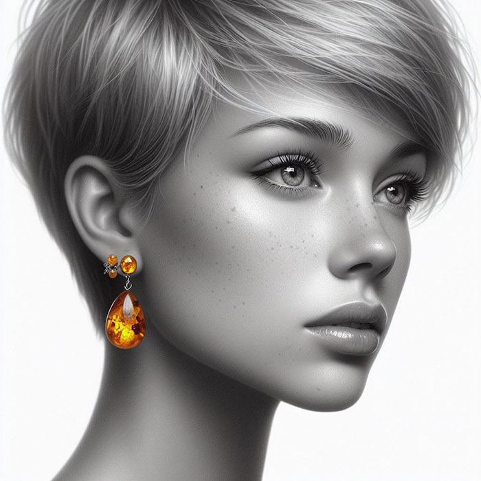 Woman wearing Baltic amber gemstone earrings