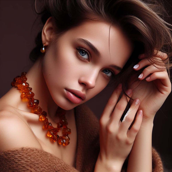 Beautiful Lithuanian girl wearing cognac color amber necklace