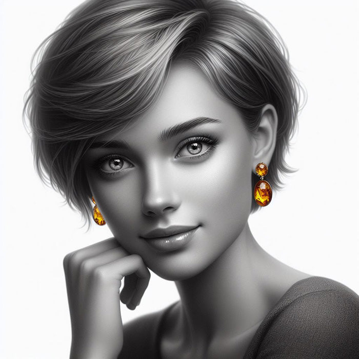 Lithuanian woman is wearing Baltic amber gemstone earrings