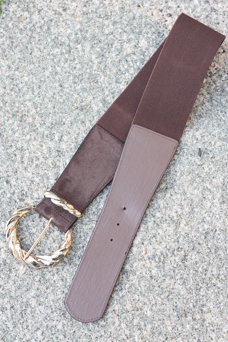 Ceinture élastique marron large grosse boucle dorée torsadée