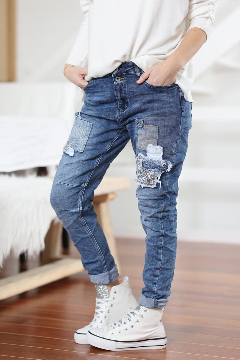 Jean boyfriend stretch avec empiècements