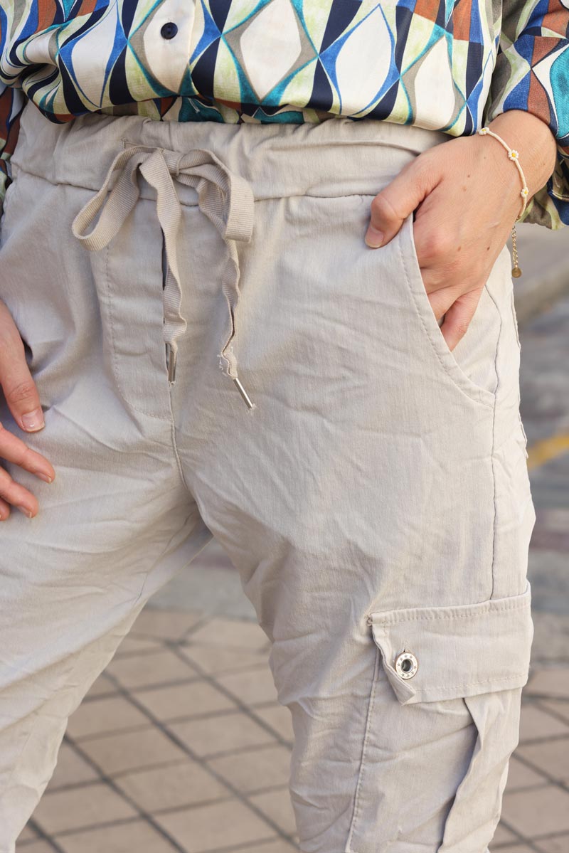 Pantalon beige extra stretch confort en toile ceinture élastique lien  brillant - Horizons Lointains