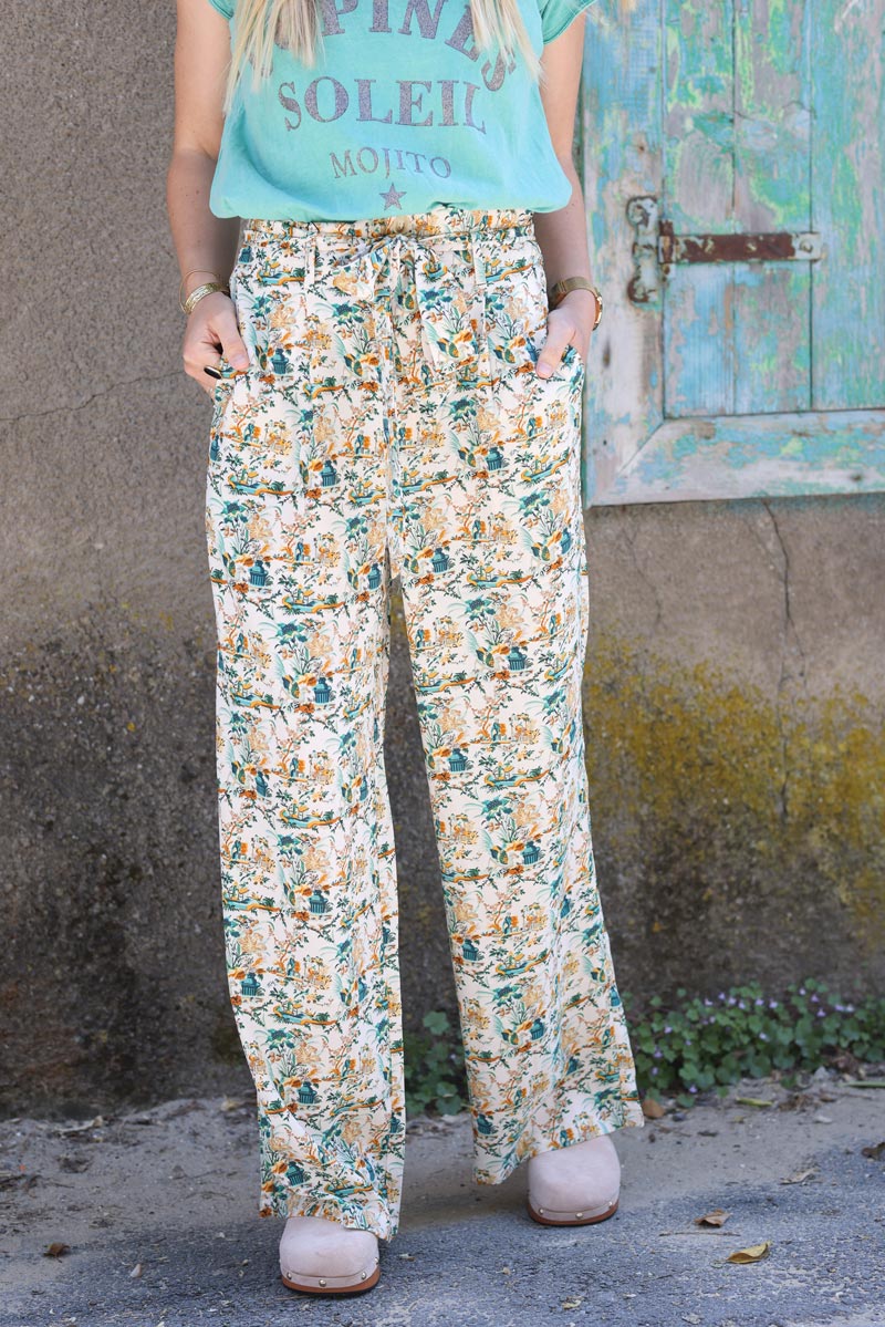 pantalon fluide et large imprimé toile de jouy kaki