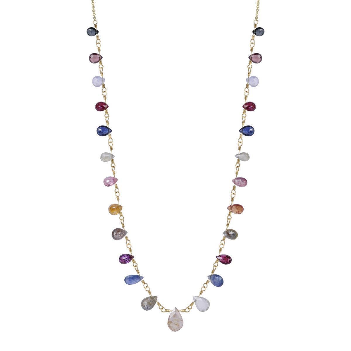 18K Gold 25 Multi Sapphire Teardrops on Chain