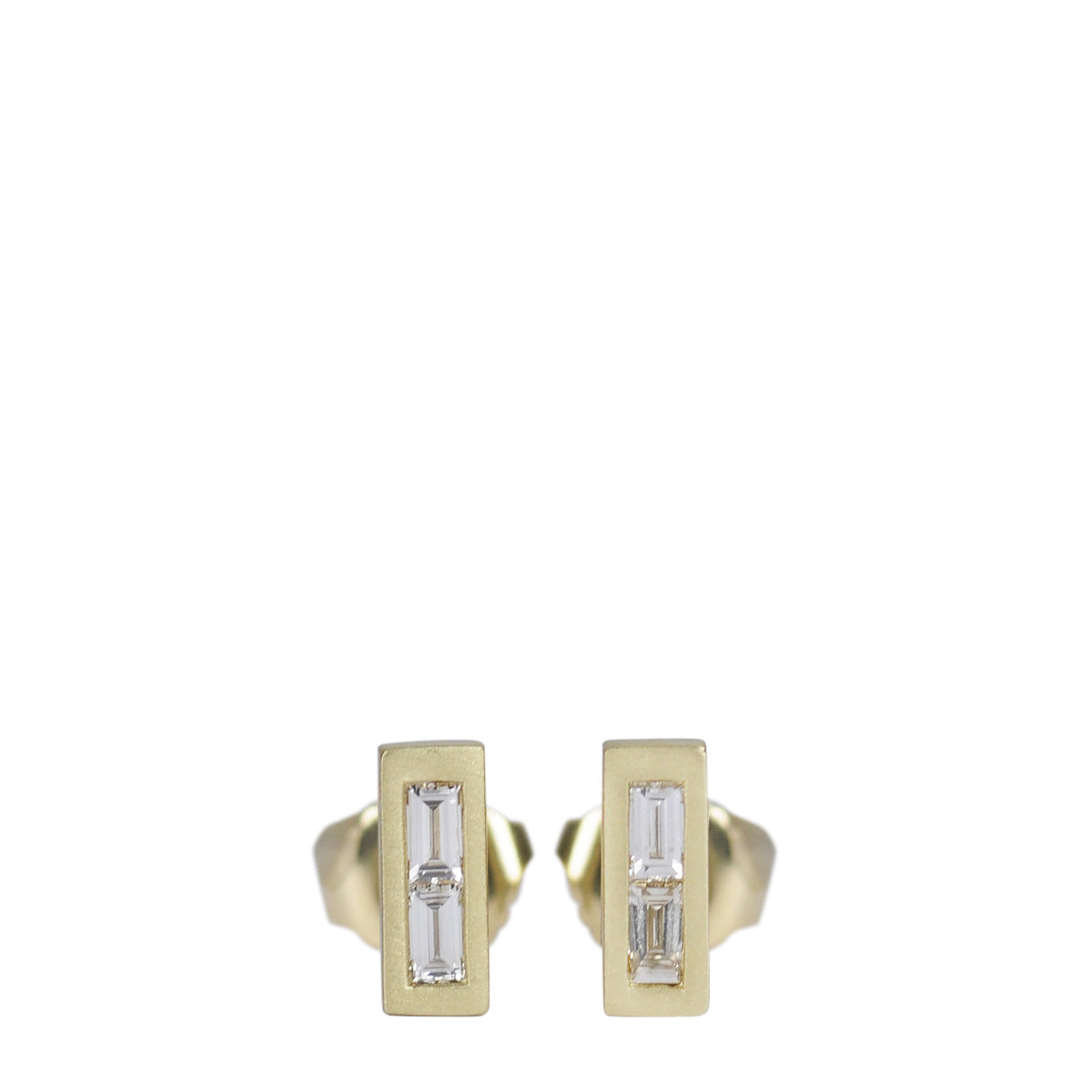 18K Gold Champagne Diamond Baguette Bar Stud Earrings
