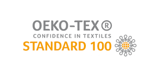 L'image montre un logo avec le texte "OEKO-TEX®" suivi de "STANDARD 100". Sous le texte, il y a un symbole qui ressemble à une fleur avec plusieurs cercles et points autour.