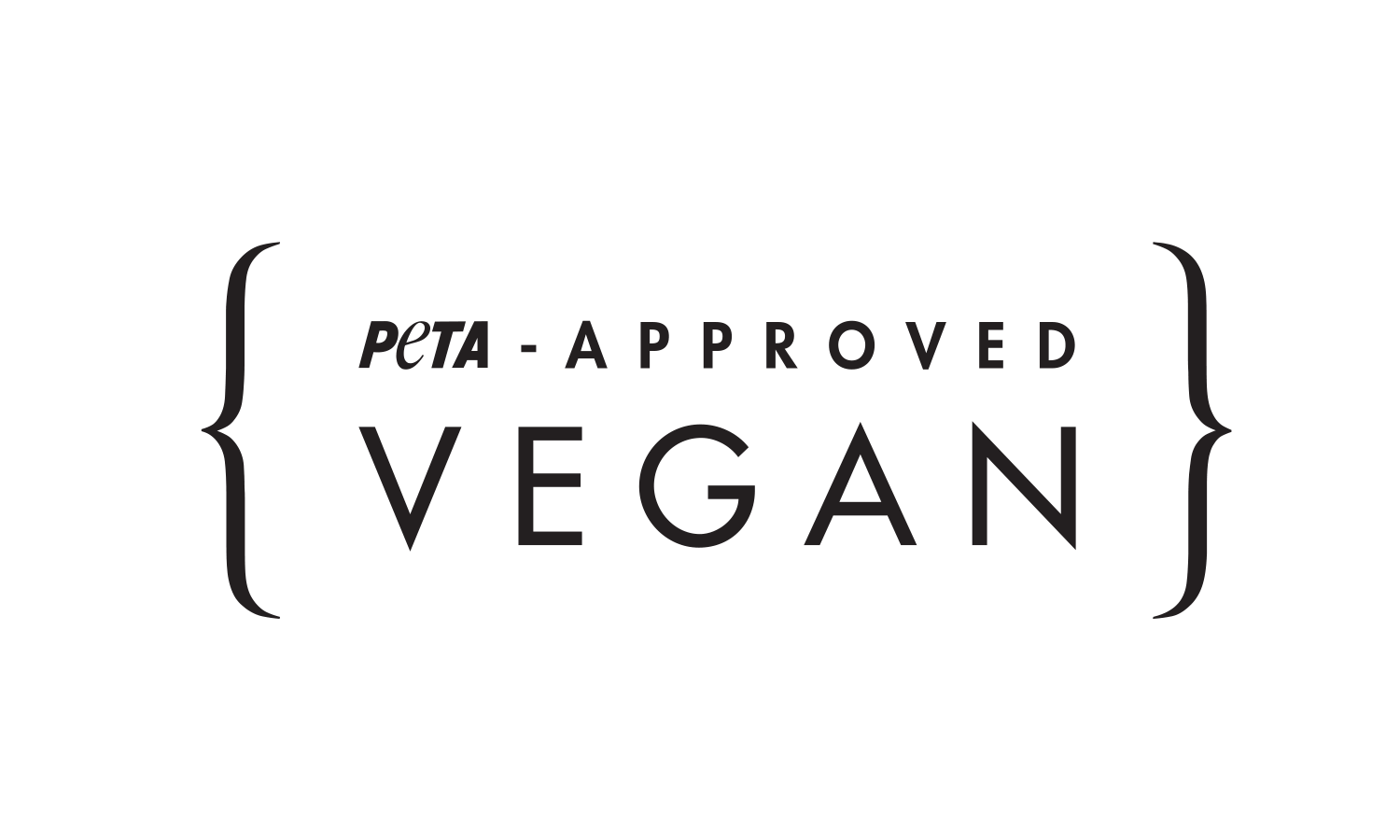 Le texte est écrit en majuscules et dit "PETA APPROVED VEGAN". Le mot "VEGAN" est au centre et est le plus grand, tandis que "PETA APPROVED" est écrit au-dessus et en dessous de "VEGAN", avec "PETA" au-dessus et "APPROVED" en dessous. Il y a des lignes courbes au-dessus et en dessous du mot "VEGAN" qui encadrent le texte.