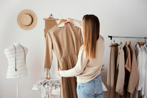 Femme qui tient un vêtement eco responsable dans ses mains