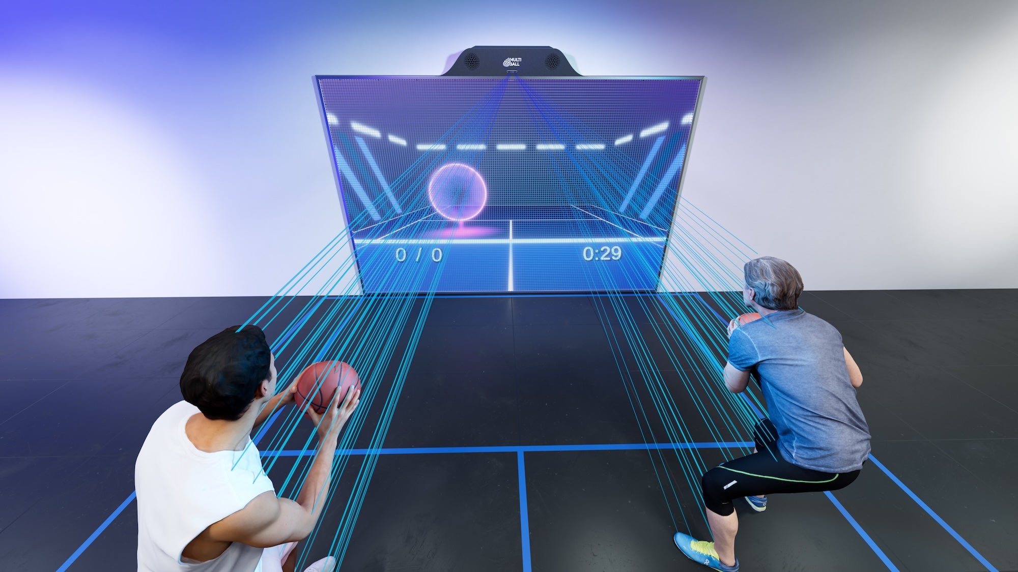 Top view of two players with basketball ready to play the Tennis accuracy training game on the Multiball