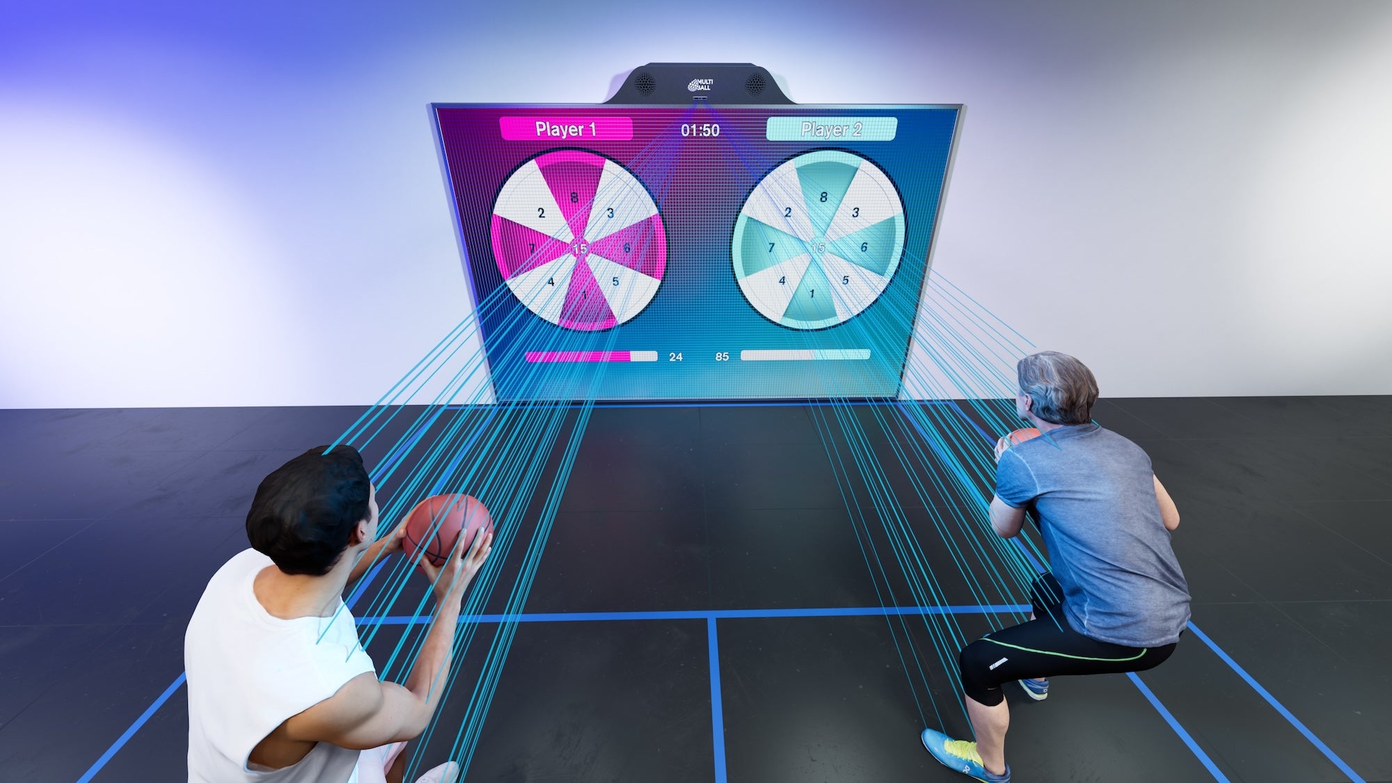 Top view of two players with basketball playing the Darts game on the Multiball