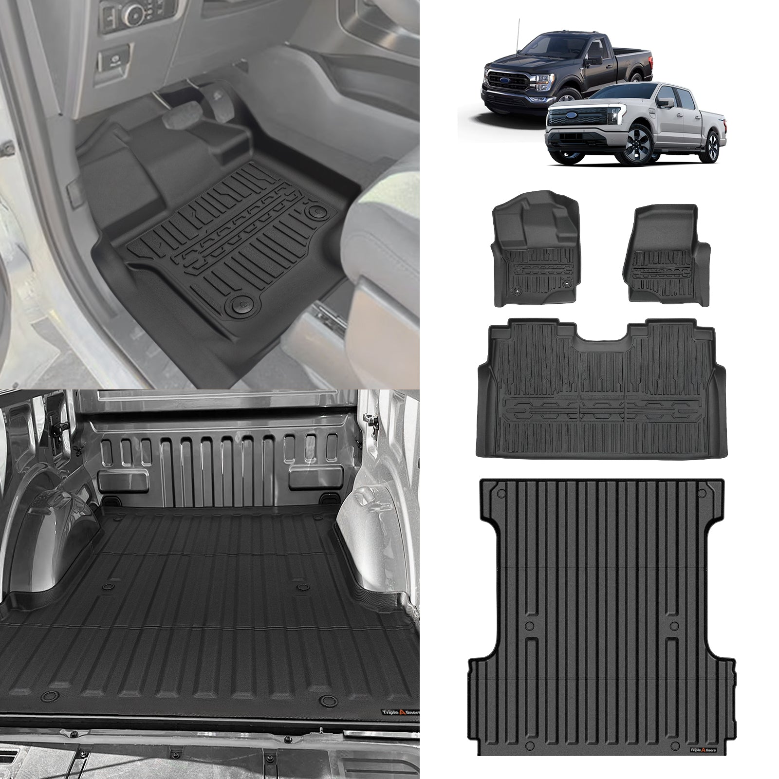 Triplealiners 5.5FT Truck Bed Mat & Floor Mats Compatible with 2015-2024 Ford F150 & 2022-2024 Lightning SuperCrew Cab(Won't fit side with storage box))
