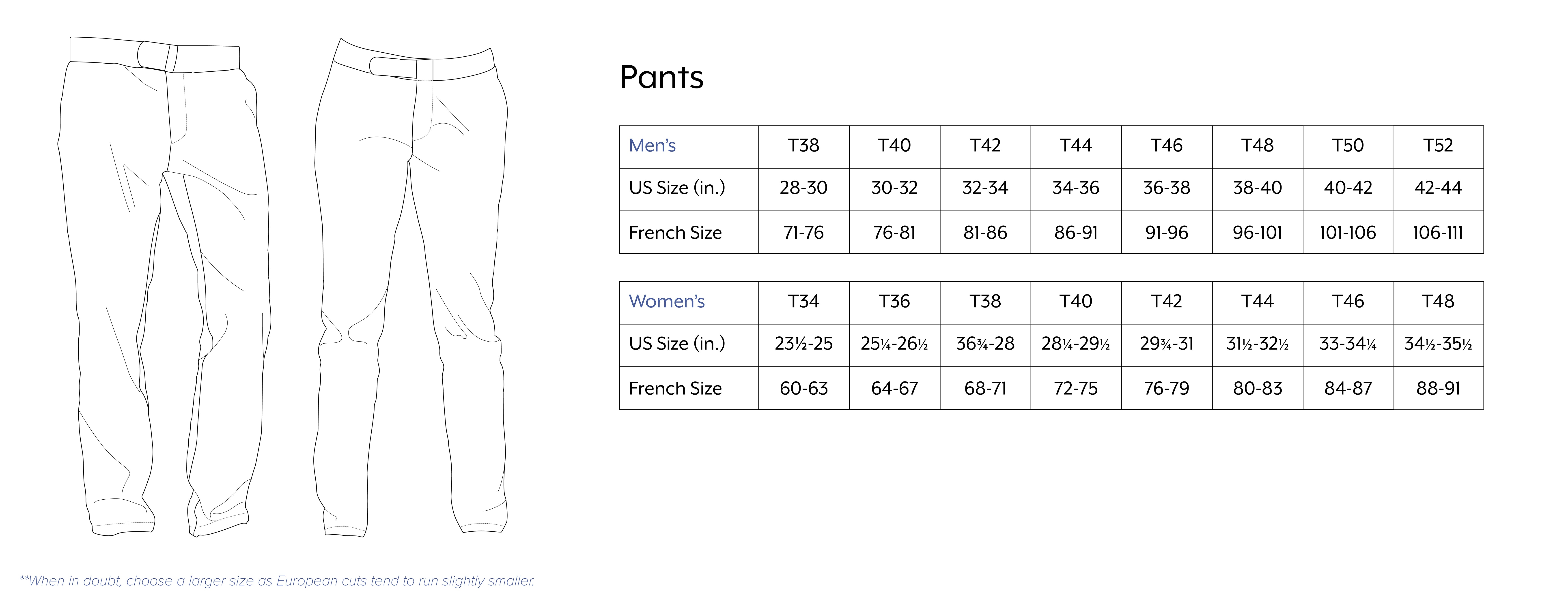 2x Men's Pants Size Chart
