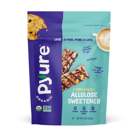 Pyure Organic and Keto Allulose Sweetener pouch. Good for baking and for your coffee