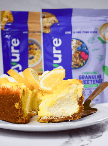 vegan, low-sugar, gluten-free, keto lemon cheesecake recipe with Pyure organic sweeteners