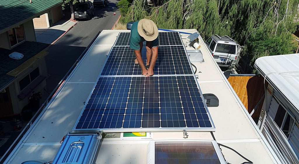 Installing solar panels on the roof of an RV.